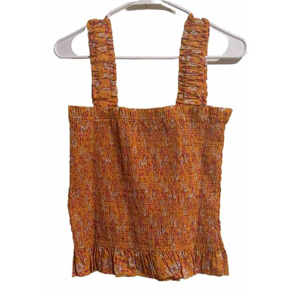 New WAYF Smocked Ruffle Tank Top Size XL Orange Floral Print Cotton Y2K Cottage - Picture 2 of 7